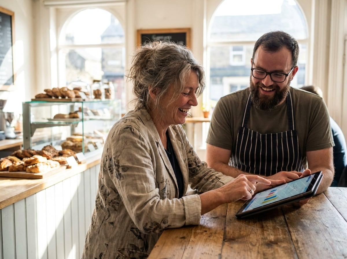 A Super Affiliate showing a local bakery owner what MinuteLaunch can do