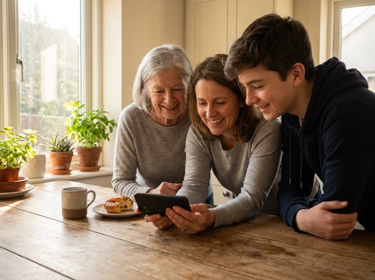 Three generations of a family looking at one phone together at the kitchen table