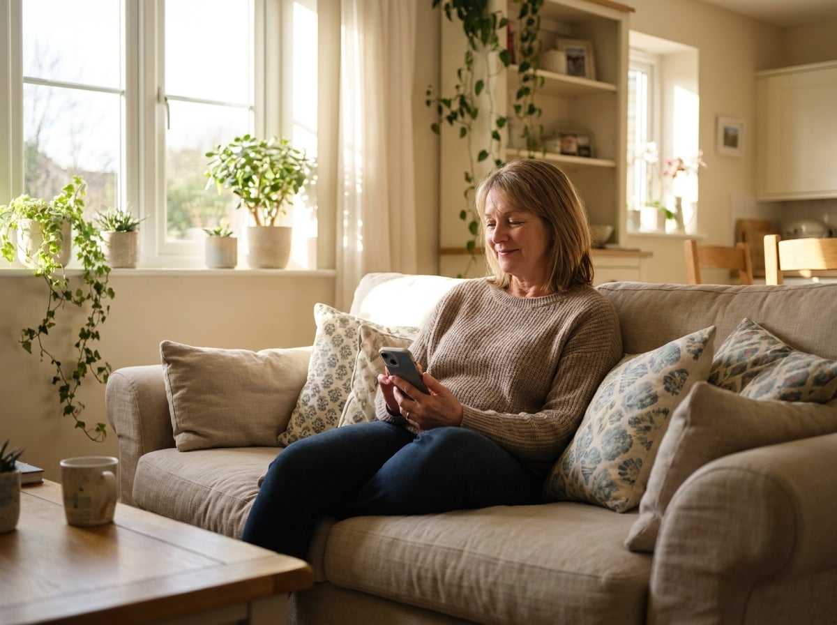 A woman on her sofa finding what she needs on her phone