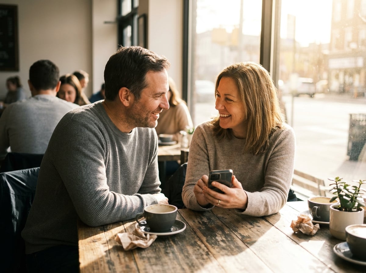 A sister sharing something on her phone with her brother