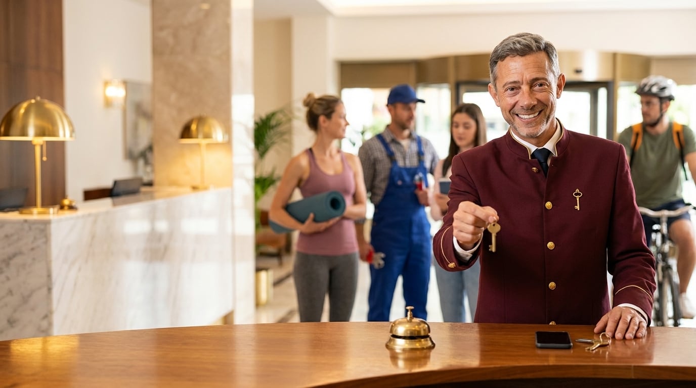 A concierge at the front desk, welcoming the people he looks after