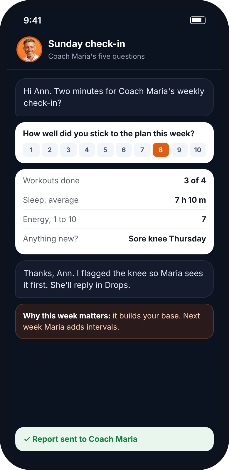 A Sunday check-in: Fernando asks the coach's weekly questions, the client answers, and the report goes to the coach