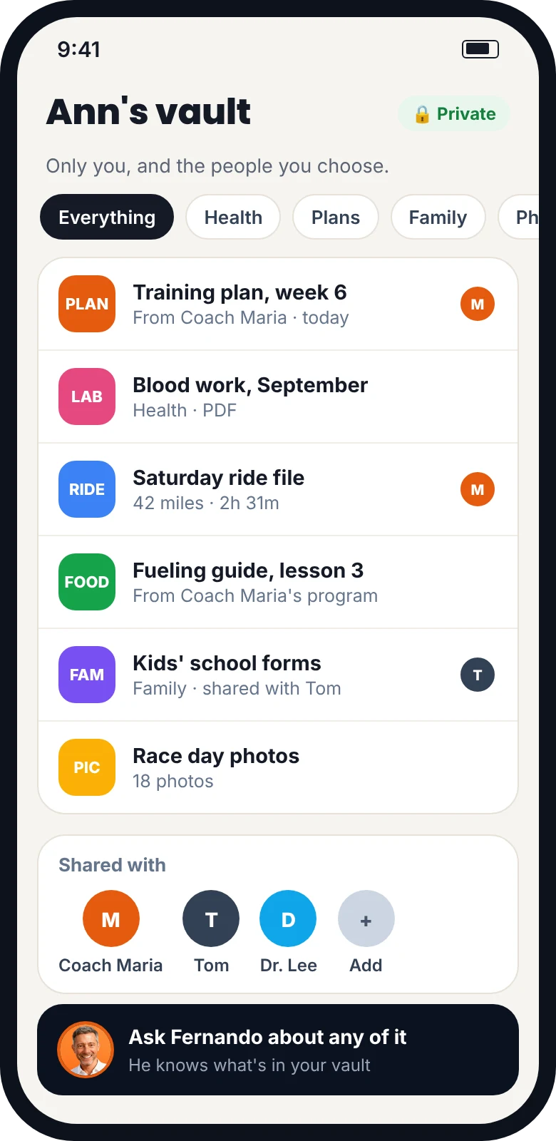 A client's private vault: training plan, blood work, ride file, family forms and photos, shared with the people they choose