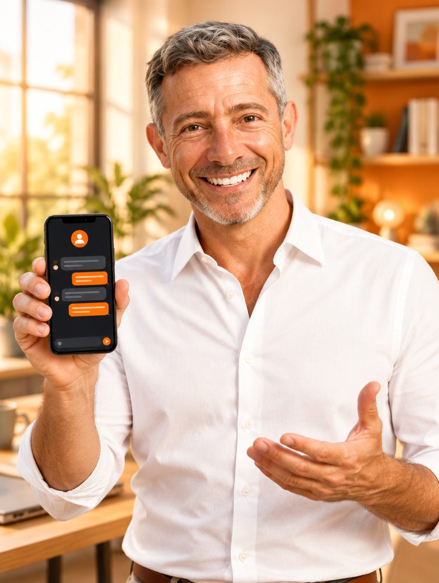 Fernando smiling, holding up his phone