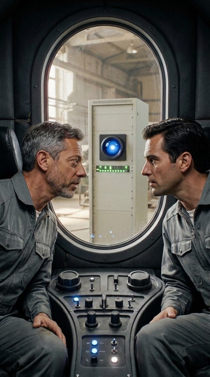Fernando whispering in the pod while the old WordPress computer watches