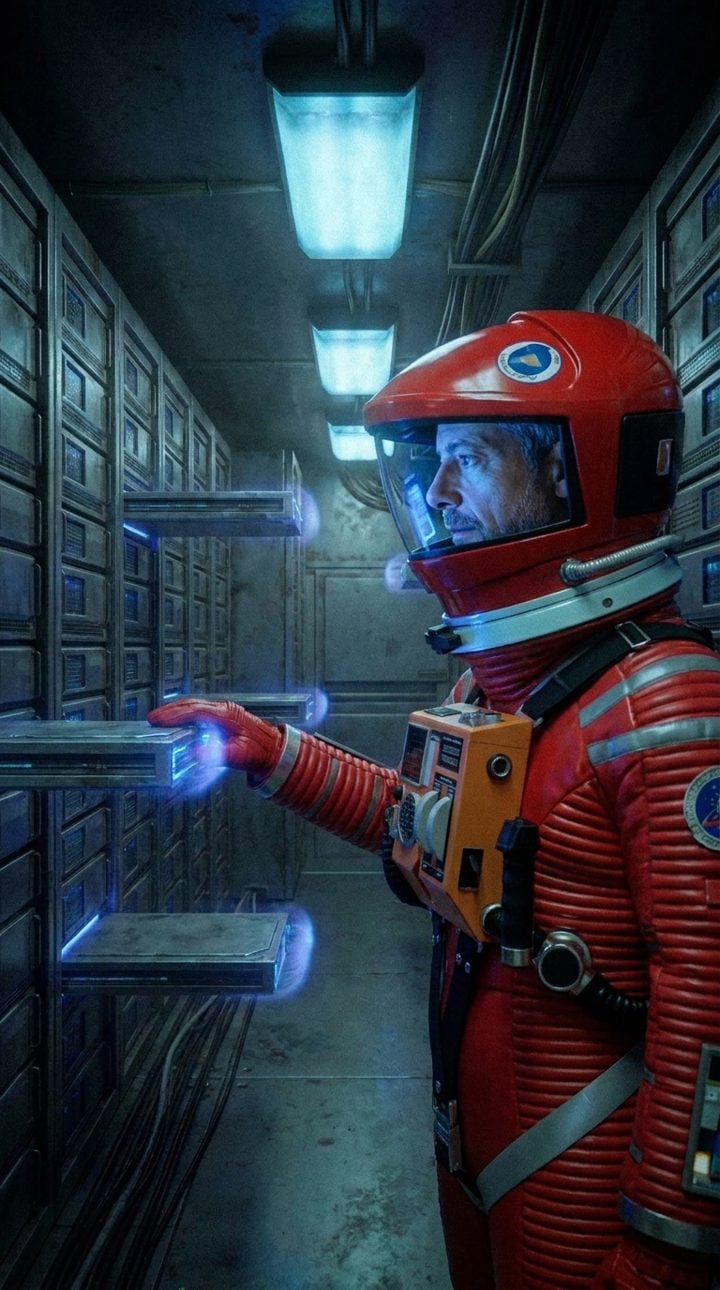 Fernando in his red spacesuit switching off the old server