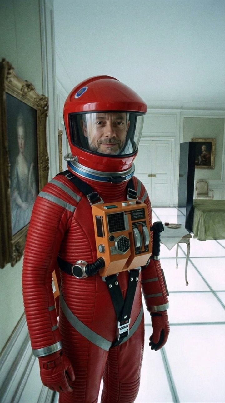 Fernando in his red spacesuit in the white room